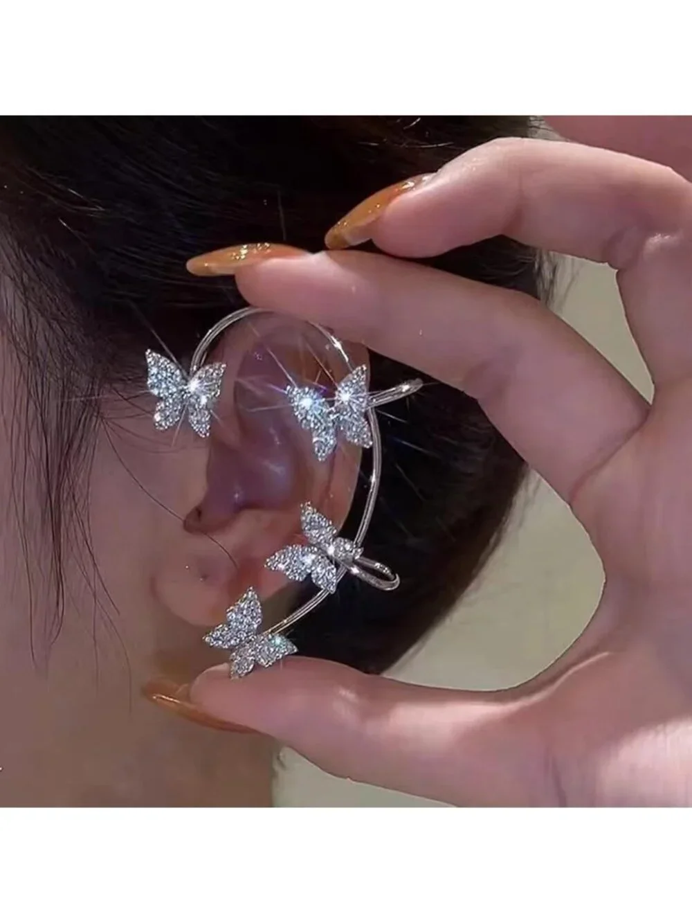 Women's Silver Alloy Butterfly Ear Rhinestone Wrap No Piercing Cuff Clip Earring